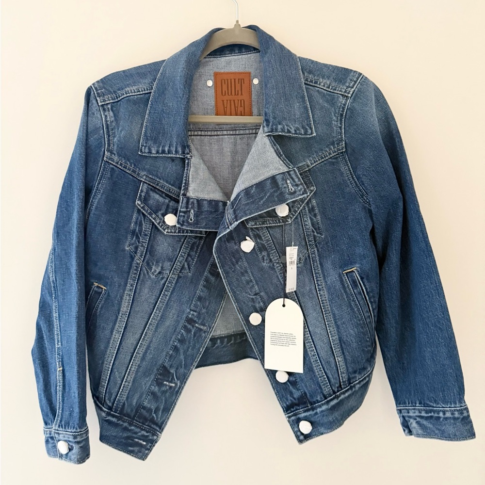 cult gaia Indigo Cropped Asymmetric Denim Jacket - Picture 3 of 7